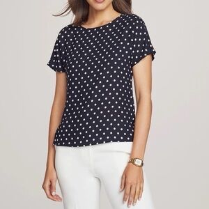 J Crew 100% Silk Polka Dot Top Navy Blue & White Luxury Zipper Back Sz 10